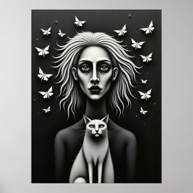 Gothic-Frau Schmetterlinge und Katze Dunkle Surrea Poster (Vorne)