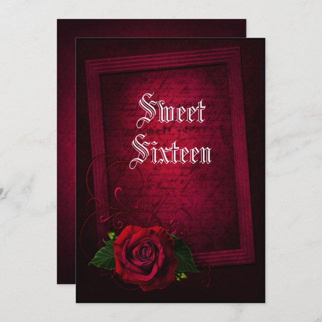 Gothic Gerahmt Letter & Rote Rose Sweet 16 Einladung (Vorne/Hinten)