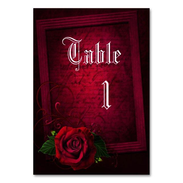 Gothic Gerahmt Letter & Rote Rose Tischnummer (Vorderseite)
