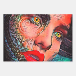 Gothic Girl Face Yellow Eyes Red Lips Geschenkpapier Set