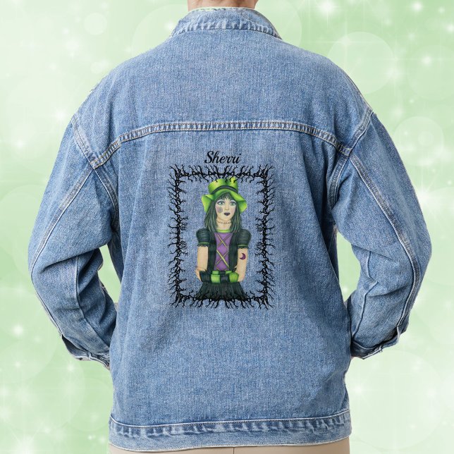 Gothic Girl Green Hat Tattoos gestachelt schwarzen Jeansjacke (Pretty Gothic girl green hat spiderweb and moon tatoos barbed black branch frame on denim jacket.)