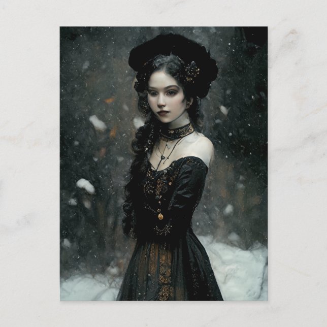 Gothic Girl in winter. Snowing. Postkarte (Vorderseite)