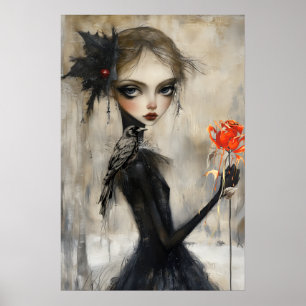 Gothic Girl Raven Rote Rose Poster