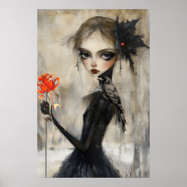 Gothic Girl Raven Rote Rose Poster