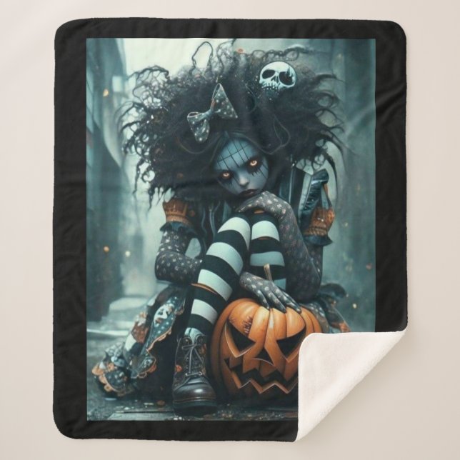 Gothic Girl with Pumpkin and Skull – Dark and Cozy Sherpadecke (Vorderseite)