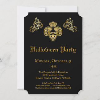 Gothic Glam Black & Gold Skull Halloween-Party Einladung
