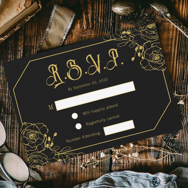 Gothic Glam Black Gold Wedding RSVP Enclosure Card (Von Creator hochgeladen)