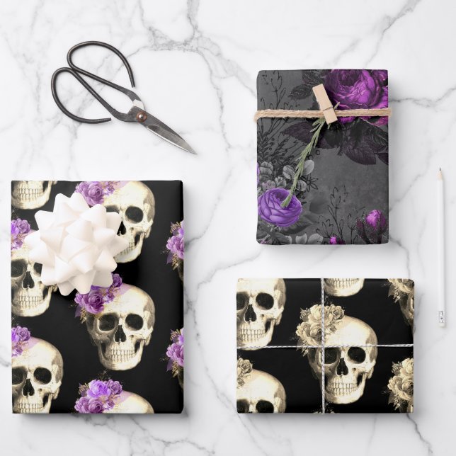 Gothic Glam Floral Skull Geschenkpapier Set (Vorderseite)