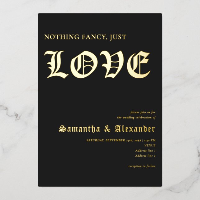 Gothic Glam Nichts Extravagant nur Liebe Black Wed Folieneinladung (Vorderseite)