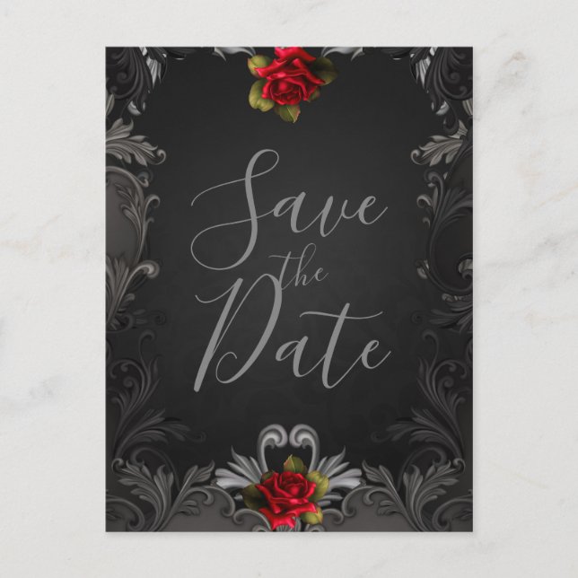 Gothic Glamour Rote Rose Ornamental Save the Date Ankündigungspostkarte (Vorderseite)