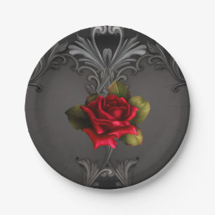 Gothic Glamour Rote Rose Schwarze Ornamentale Glam Pappteller