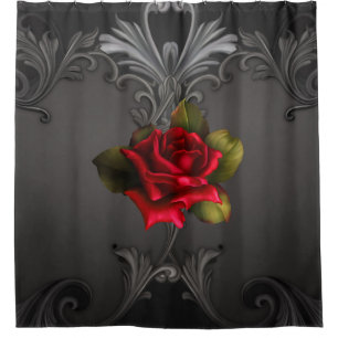 Gothic Glamour Rote Rose Schwarze Ornamente Glam Duschvorhang