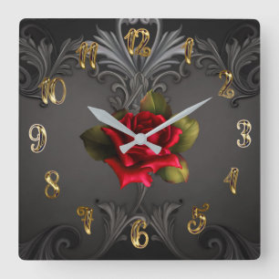 Gothic Glamour Rote Rose Schwarze Ornamente Glamou Quadratische Wanduhr