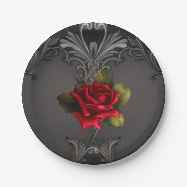 Gothic Glamour Rote Rose Schwarzer Zierfilm Pappteller (Vorderseite)