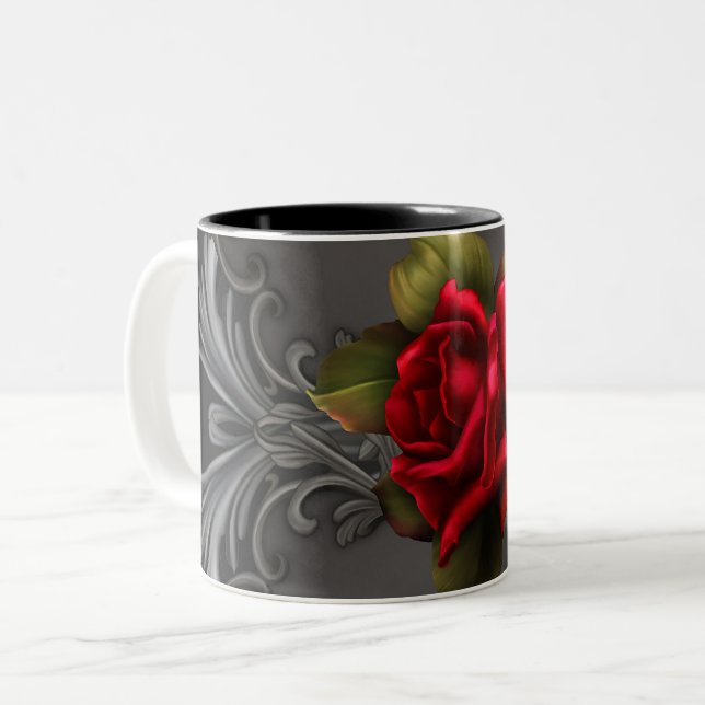 Gothic Glamour Rote Rose Schwarzer Zierfilm Zweifarbige Tasse (Vorderseite Links)