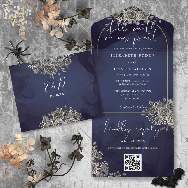Gothic Gold Arch Black Rose QR Code Hochzeit All In One Einladung (Gothic Gold Arch Black Roses QR Code Wedding All In One Invitation)