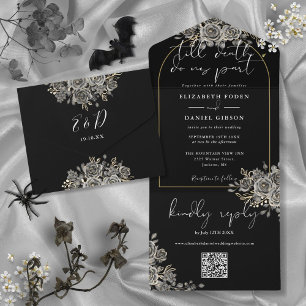 Gothic Gold Arch Black Rose QR Code Hochzeit All In One Einladung