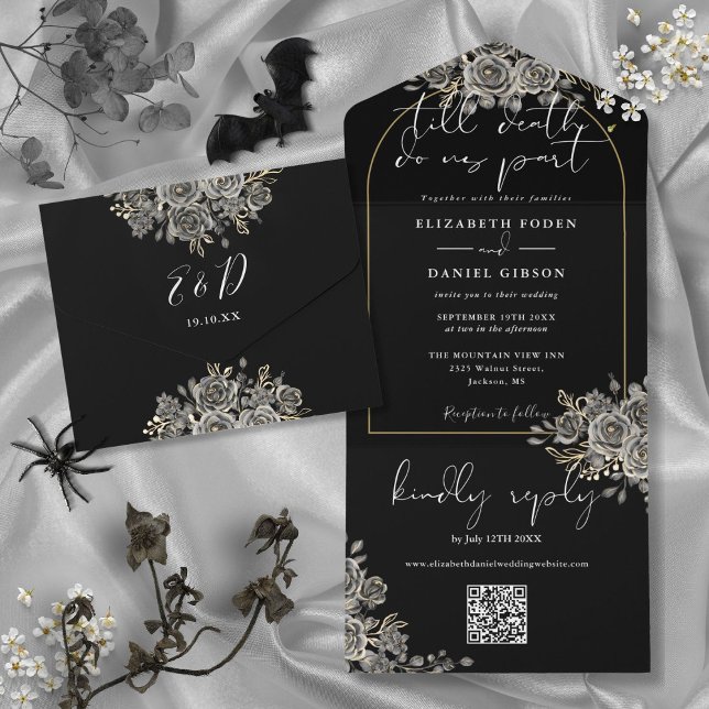 Gothic Gold Arch Black Rose QR Code Hochzeit All In One Einladung (Gothic Gold Arch Black Roses QR Code Wedding All In One Invitation)