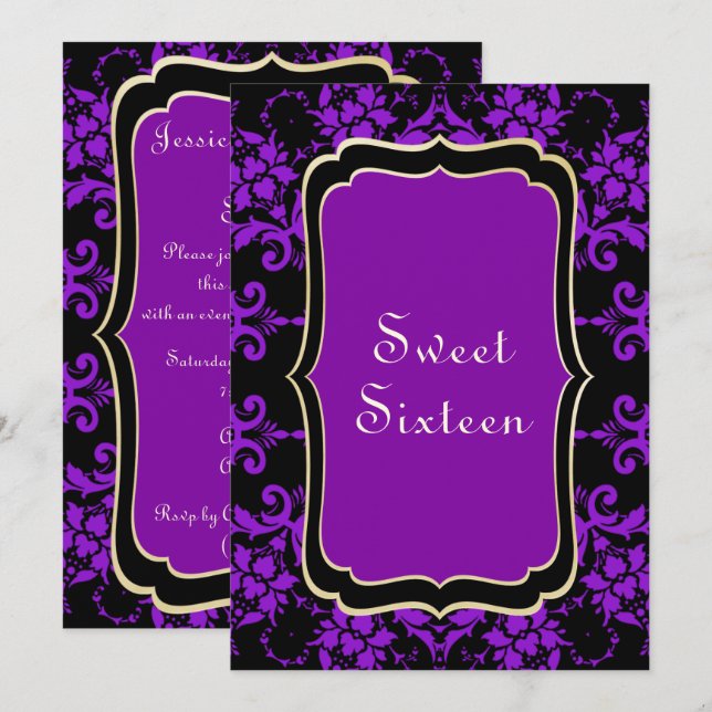Gothic Gold & Lilac Damask Einladung (Vorne/Hinten)