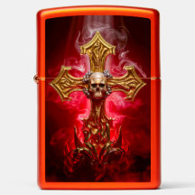 Gothic Golden Cross with Skull Red Background