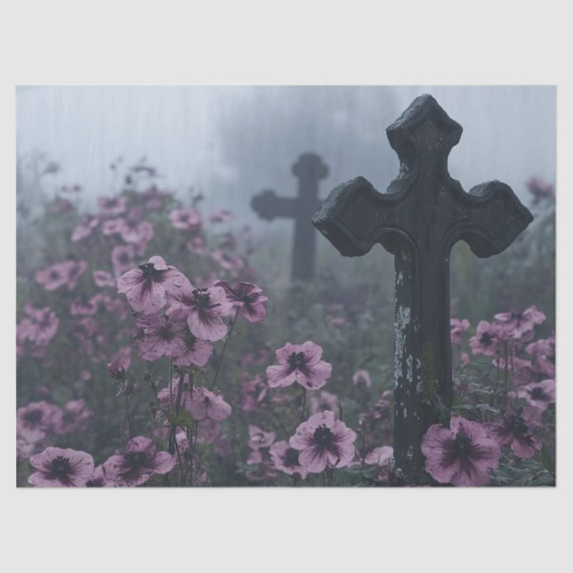 Gothic Grave Marker Cross Purple Blumen Decoupage Seidenpapier (Vorderseite)