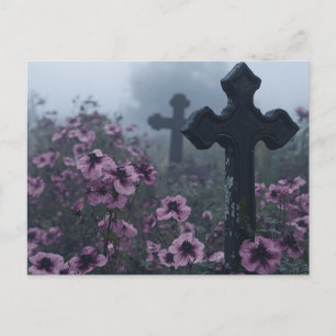 Gothic Grave Marker Cross Purple Blumen Postkarte