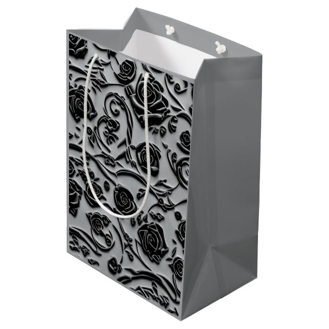 Gothic Graveyard Black Rose Muster Mittlere Geschenktüte (Rückseite Schrägansicht)