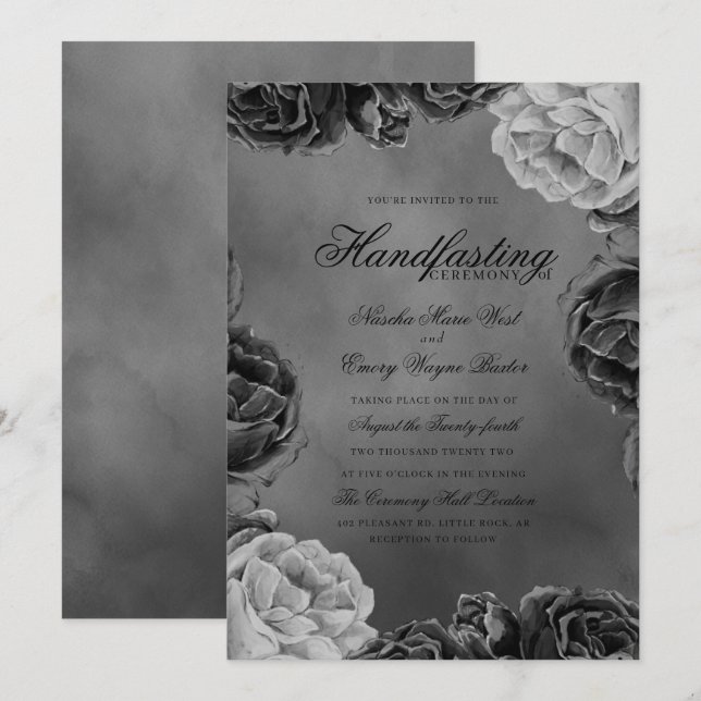 Gothic Gray Monochrome Elegant Floral Handfasting Einladung (Vorne/Hinten)