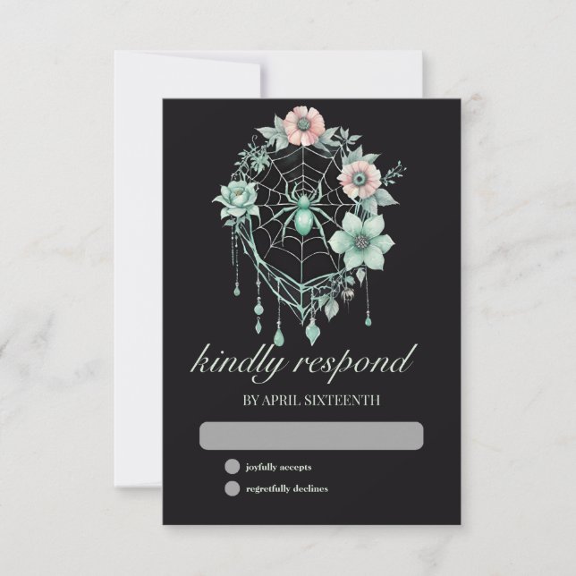 Gothic Green Mint Floral Spider Web Handfasts RSVP Karte (Vorderseite)