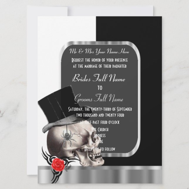 Gothic Groom Skull Schwarz-Weiß Einladung (Vorderseite)