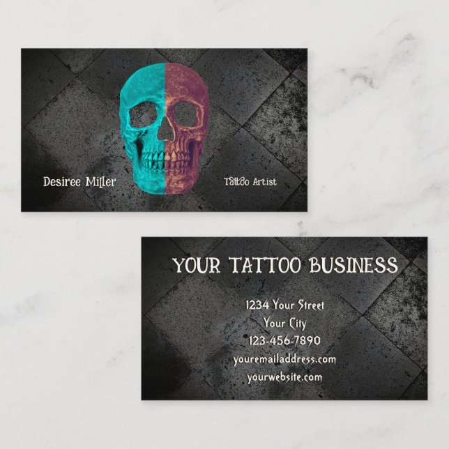Gothic Half Skull Aquamarin Black Tattoo Shop Visitenkarte (Vorne/Hinten)