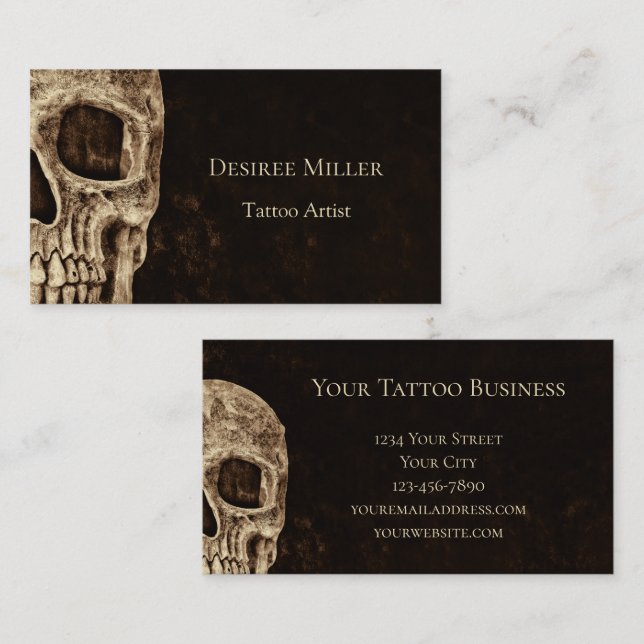 Gothic Half Skull Brown Beige Tattoo Artist Visitenkarte (Vorne/Hinten)
