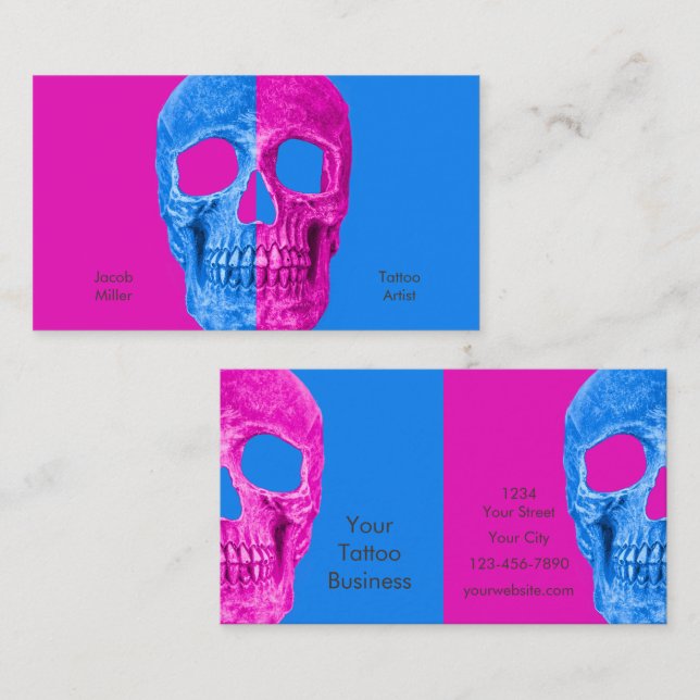 Gothic Half Skull Head Neon Blue Pink Tattoo Shop Visitenkarte (Vorne/Hinten)