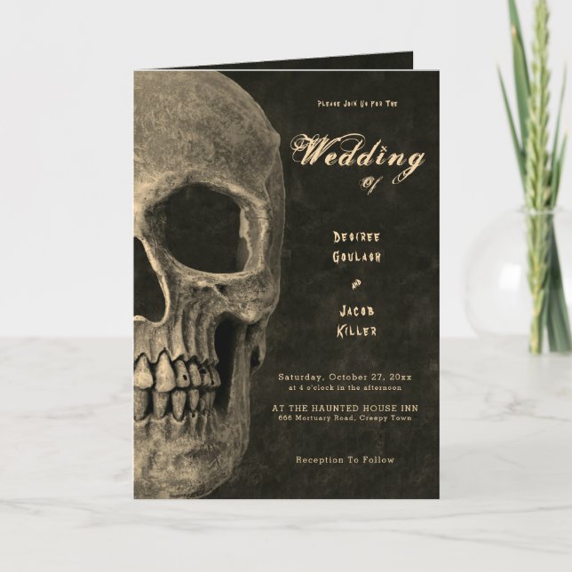 Gothic Half Skull Head Vintag Sepia Hallowedding Einladung (Vorderseite)
