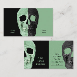 Gothic Half Skull Heads Green Black Tattoo Shop Visitenkarte