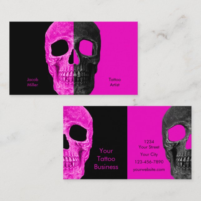 Gothic Half Skull Heads Pink Black Tattoo Shop Visitenkarte (Vorne/Hinten)