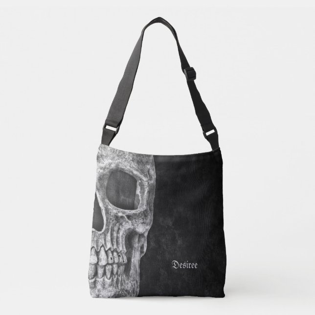 Gothic Half Skull Kopf Schwarz-Weiß Cool Grunge Tragetaschen Mit Langen Trägern (Vorderseite)