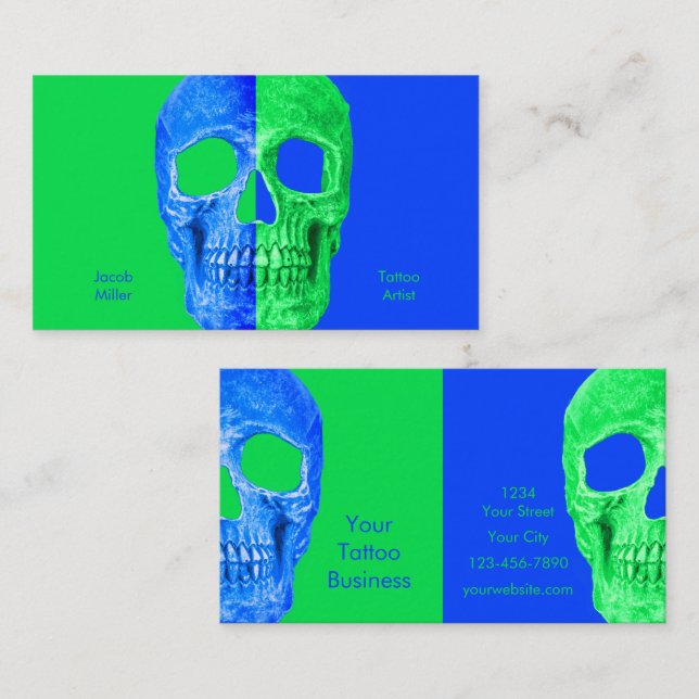 Gothic Half Skull Neon Green Blue Tattoo Shop Visitenkarte (Vorne/Hinten)