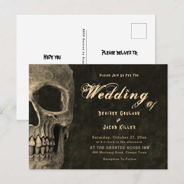 Gothic Half Skull Sepia Vintag Hallowedding Einladungspostkarte (Vorne/Hinten)
