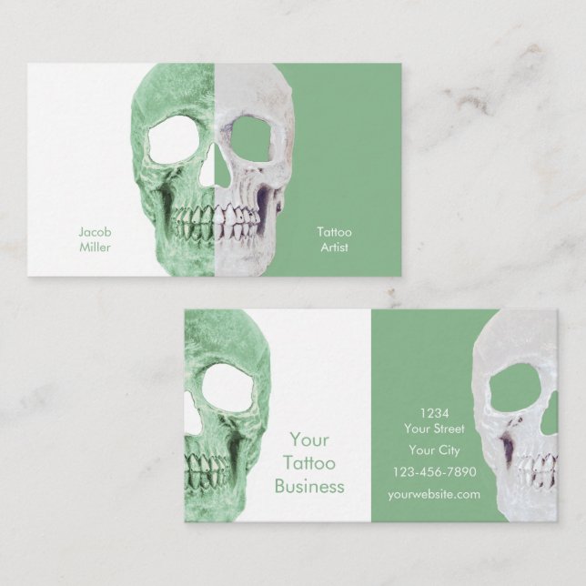 Gothic Half Skulls Pastel Green White Tattoo Shop Visitenkarte (Vorne/Hinten)