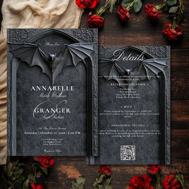 Gothic Halloween Black Bat & Arch Zwei-Seiten-Deta Einladung (Gothic Halloween Black Bat & Arch Two Side Details Invitation)