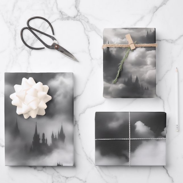 Gothic Halloween Black Castle Clouds Gifting Geschenkpapier Set (Vorderseite)