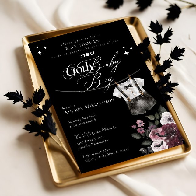 Gothic Halloween Black Formal Goth Boy Baby Shower Einladung (Gothic Halloween Black Formal Goth Boy Baby Shower Invitation (Front))
