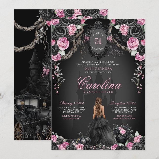 Gothic Halloween Black Rose Pink Quinceañera Einladung (Vorne/Hinten)