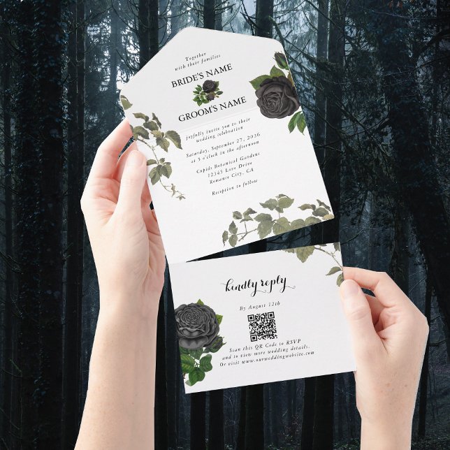 Gothic Halloween Black Rose White Wedding All In One Einladung (Gothic Halloween Black Roses White Wedding All In One Invitation)