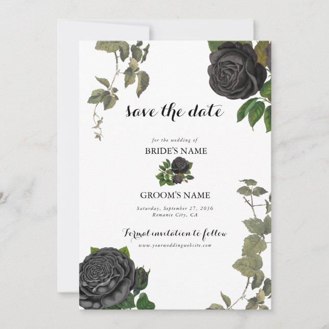 Gothic Halloween Black Rose White Wedding Save The Date (Vorderseite)