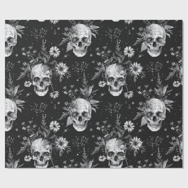 Gothic Halloween Botanisches Skulls-Muster Geschenkpapier (Flach)