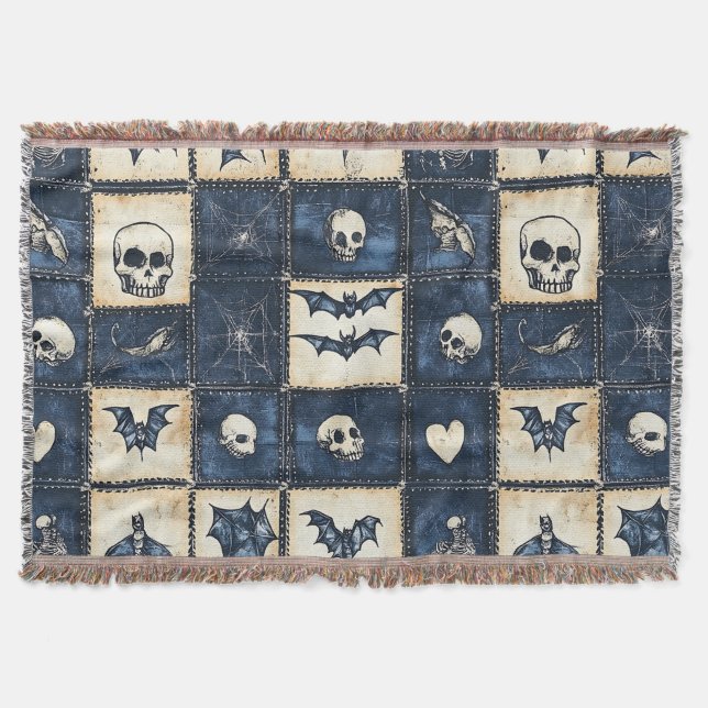 Gothic Halloween Denim Patchwork Pattern Decke (Vorderseite)