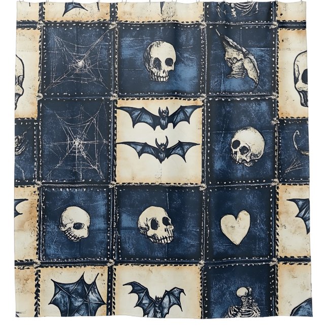 Gothic Halloween Denim Patchwork Pattern Duschvorhang (Vorderseite)