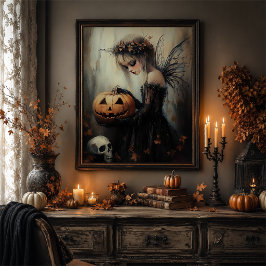 Gothic Halloween Fairy & Pumpkin Dark Fantasy Art Poster